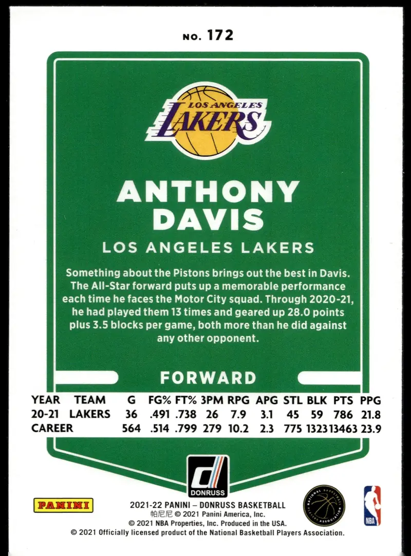 2021-22 Donruss Basketball #172 Anthony Davis (back)