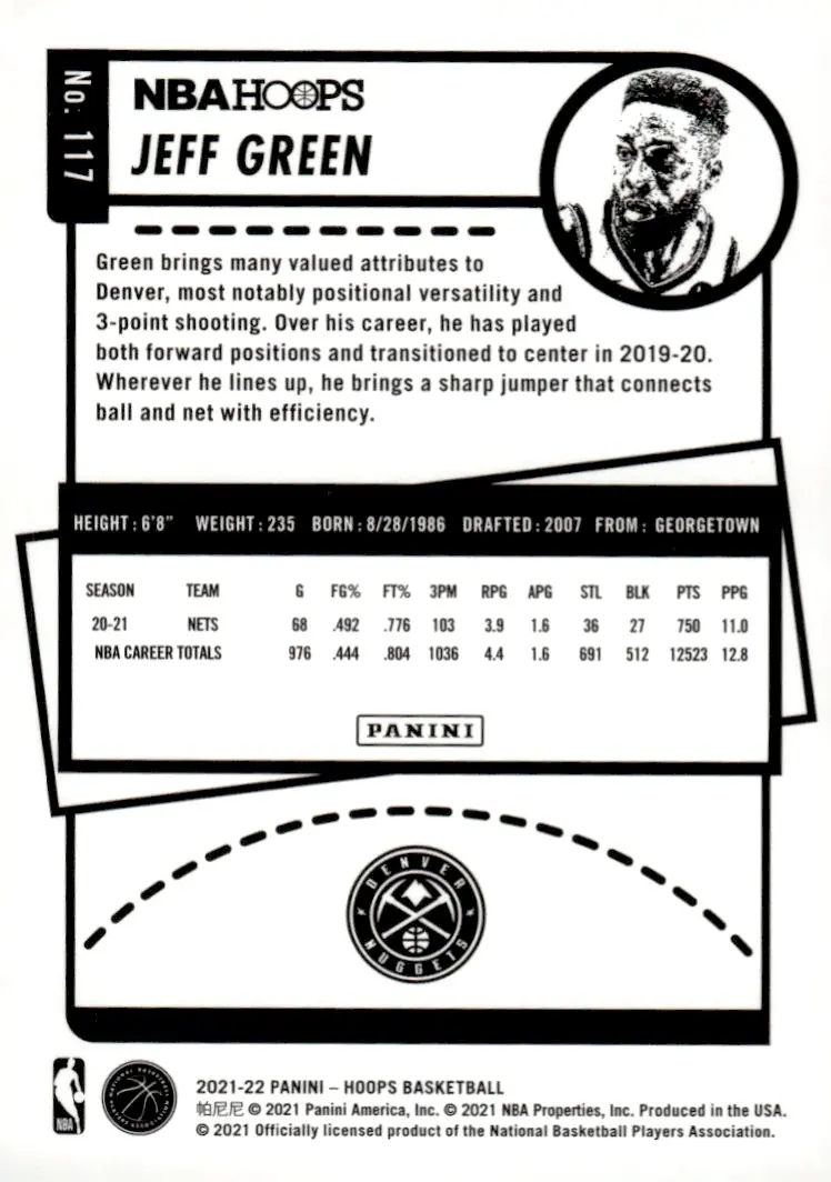 2021-22 NBA Hoops #117 Jeff Green – Winter (back)