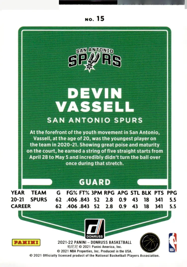 2021-22 Donruss #15 Devin Vassell (back)