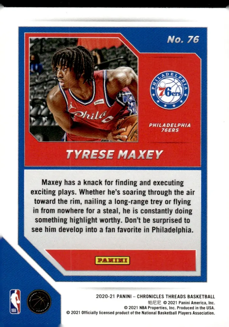 2020-21 Panini Chronicles Basketball #76 Tyrese Maxey (back)