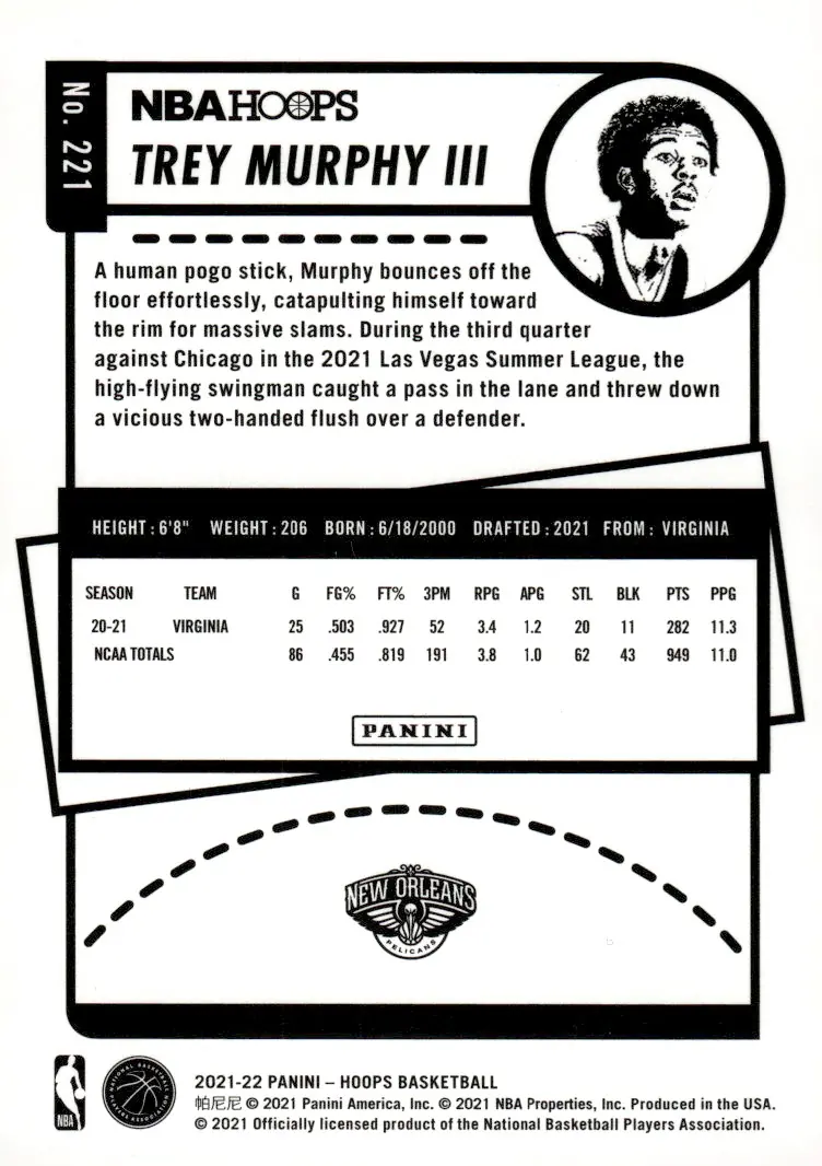 2021-22 NBA Hoops #221 Trey Murphy III (back)