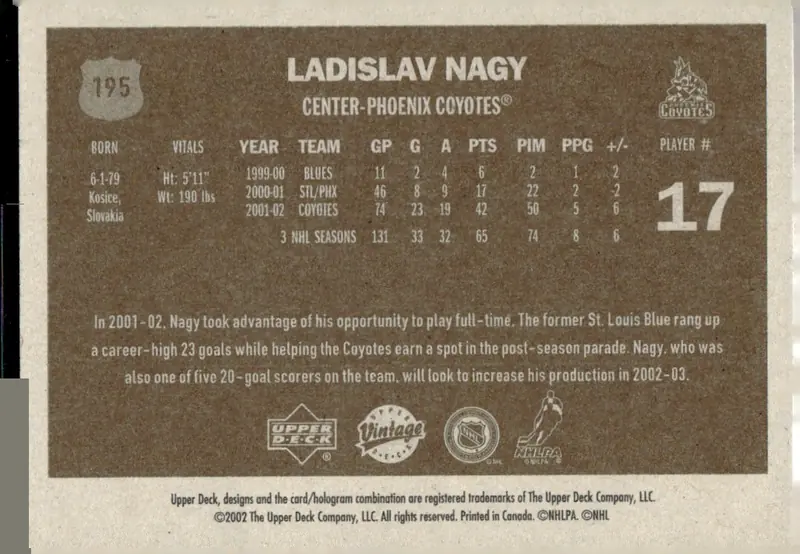 2002-03 Upper Deck Vintage #195 Ladislav Nagy (back)