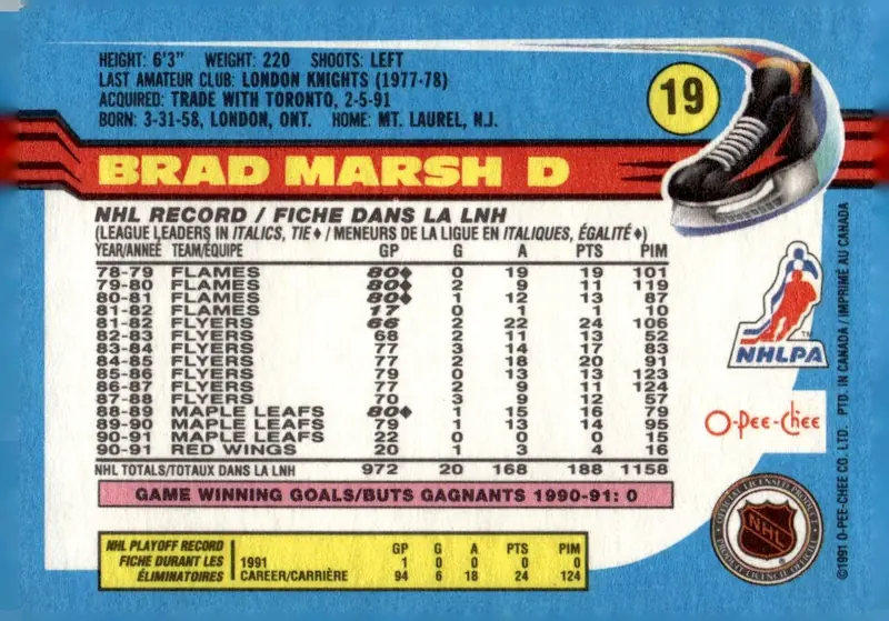 1991-92 O-Pee-Chee #19 Brad Marsh (back)