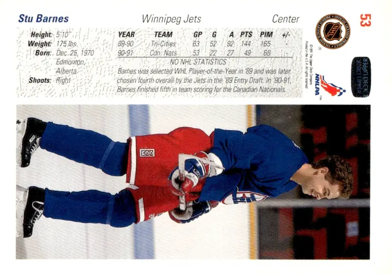1991-92 Upper Deck #53 Stu Barnes (back)