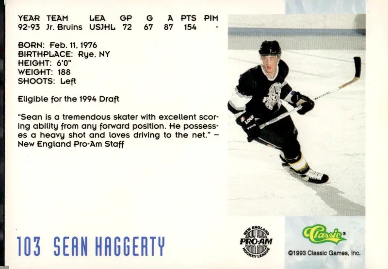 1993 Classic '93 Hockey Draft #103 Sean Haggerty (back)