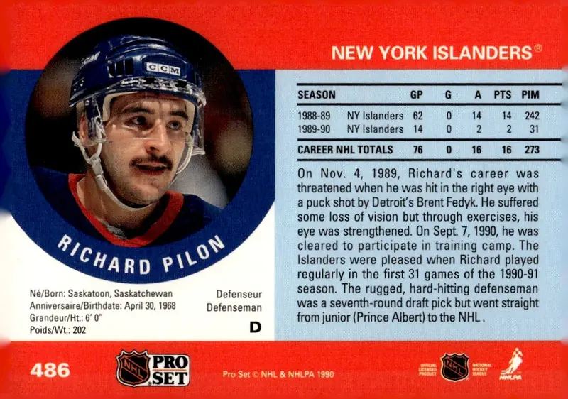 1990-91 Pro Set #486 Rich (Richard) Pilon (back)
