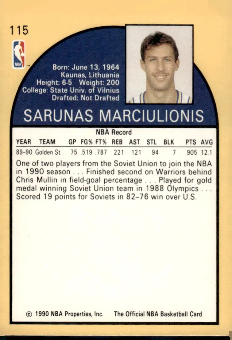 1990-91 NBA Hoops #115 Sarunas Marciulionis (back)