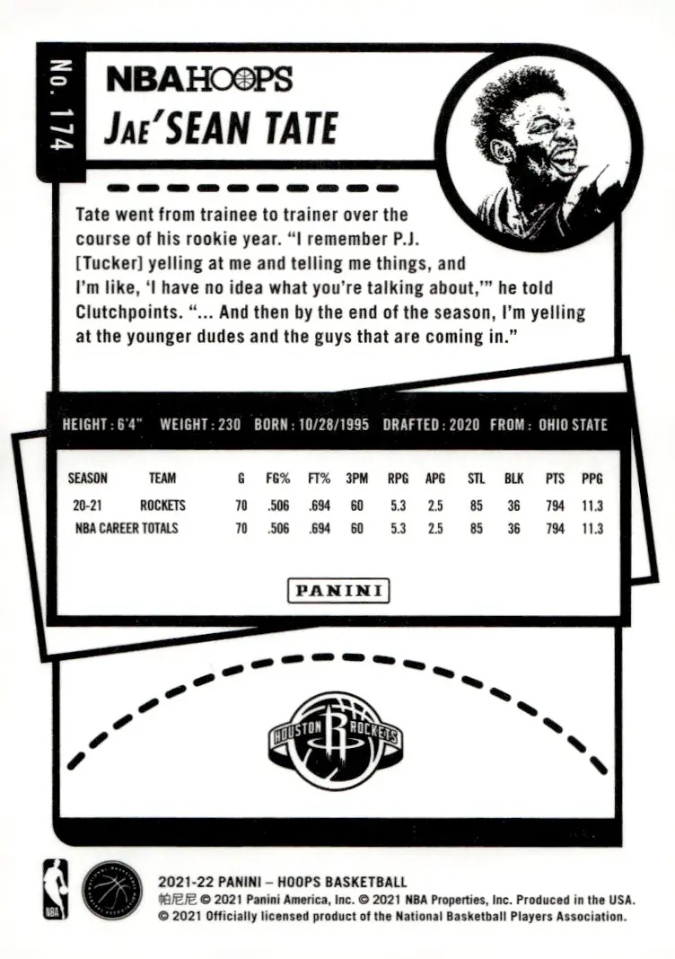 2021-22 NBA Hoops #174 Jae'Sean Tate (back)