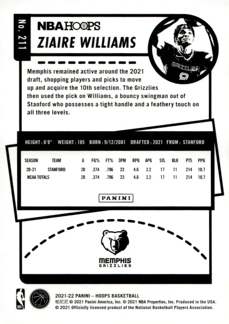 2021-22 NBA Hoops #211 Ziaire Williams (back)
