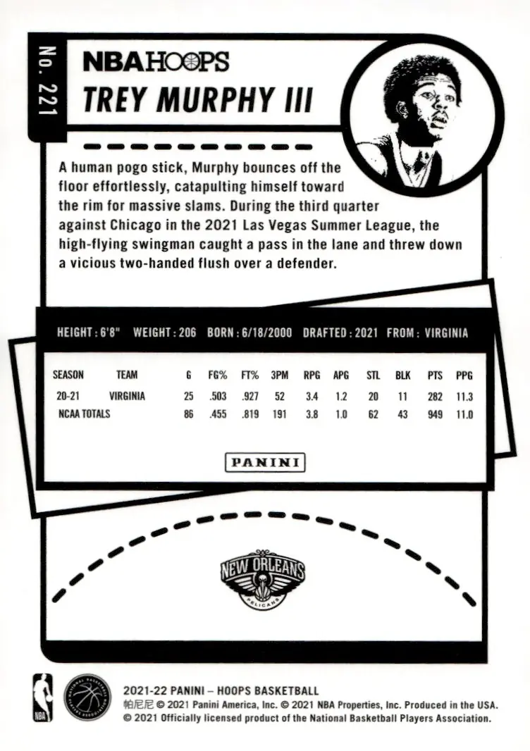 2021-22 NBA Hoops #221 Trey Murphy III (back)