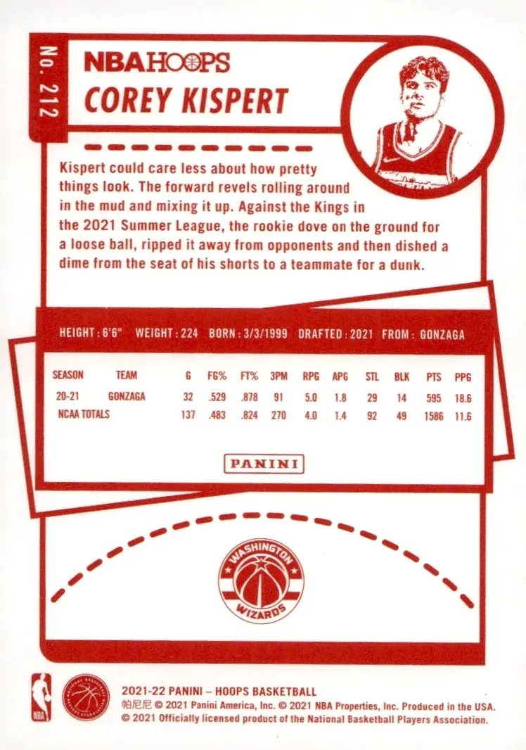 2021-22 NBA Hoops #212 Corey Kispert (back)