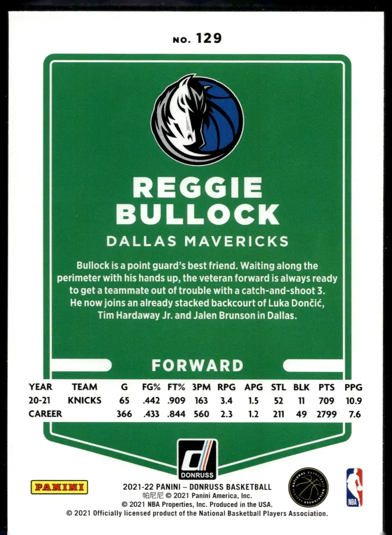 2021-22 Donruss #129 Reggie Bullock (back)