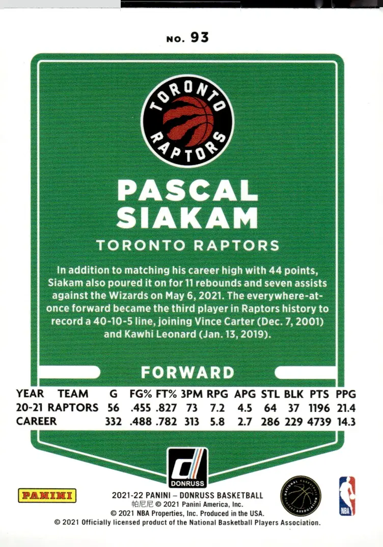 2021-22 Donruss #93 Pascal Siakam (back)