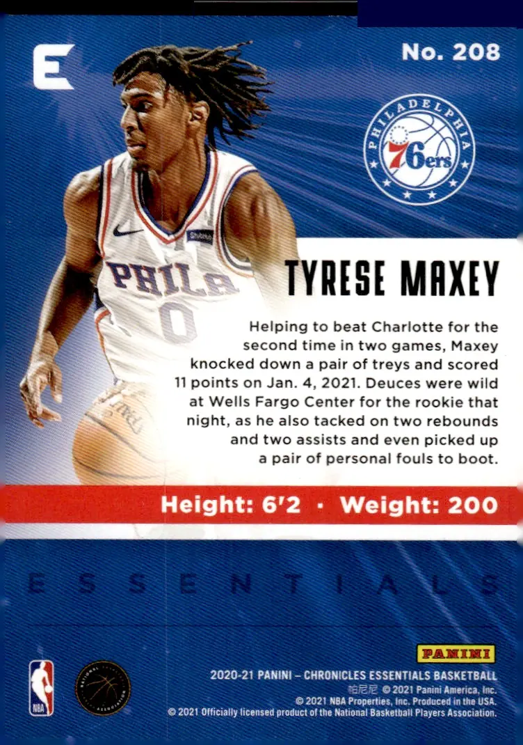 2020-21 Chronicles Basketball #208 Tyrese Maxey (back)