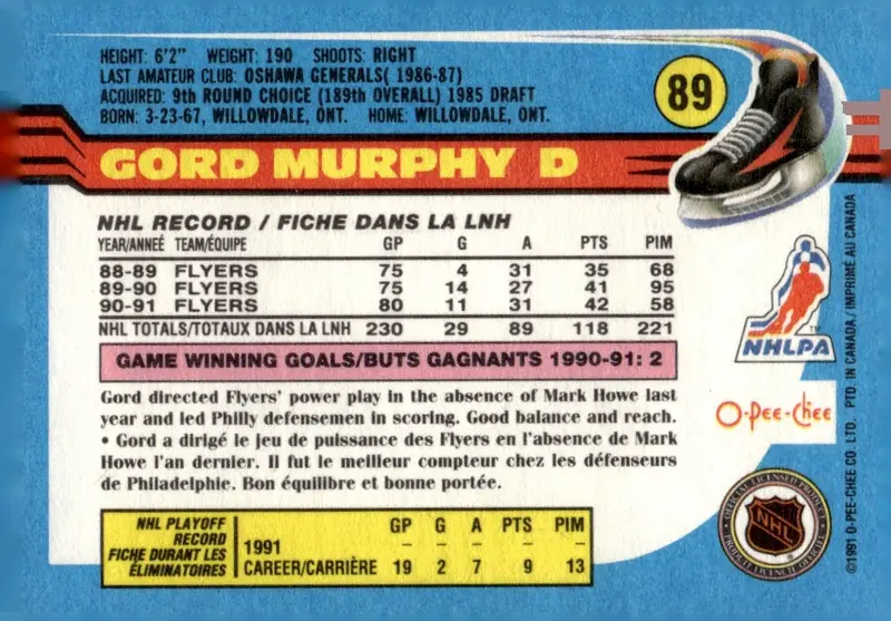 1991-92 O-Pee-Chee #89 Gord Murphy (back)