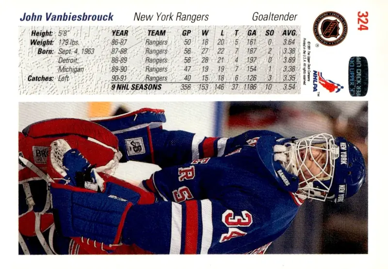 1991-92 Upper Deck #324 John Vanbiesbrouck (back)