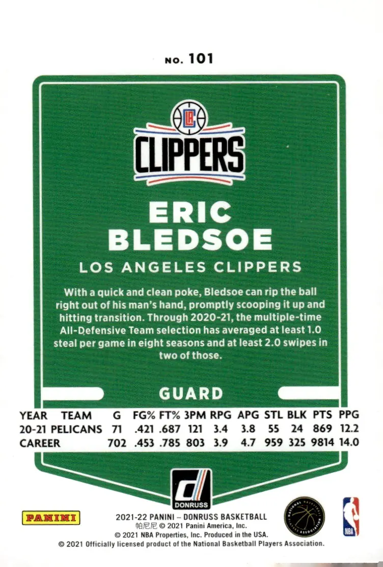 2021-22 Donruss #101 Eric Bledsoe (back)