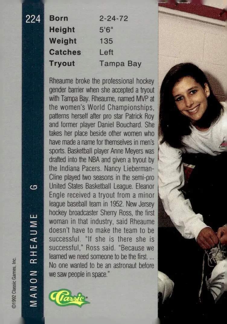 1992 Classic Four Sport Draft Pick Collection #224 Manon Rheaume (back)