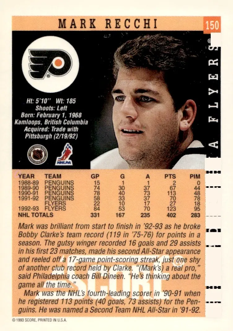 1993-94 Score #150 Mark Recchi (back)
