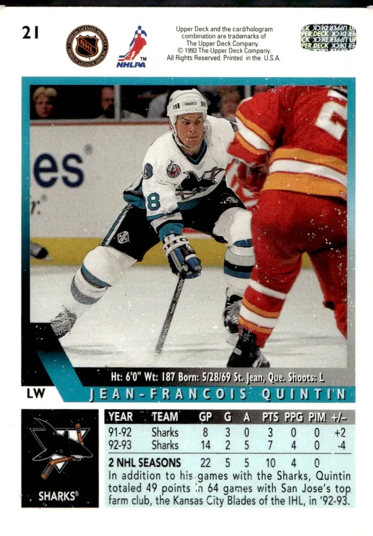 1993-94 Upper Deck #21 Jean-Francois Quintin (back)