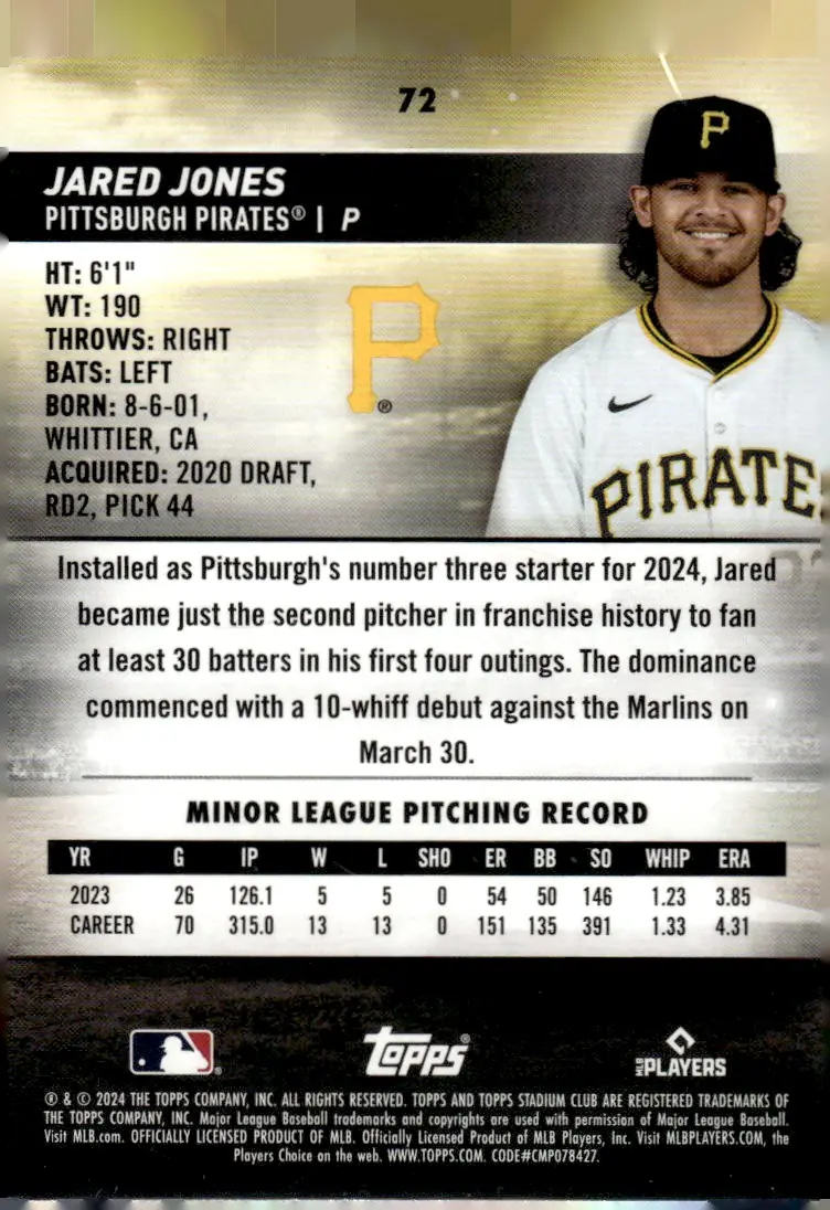2024 Topps Stadium Club #72 Jared Jones (back)