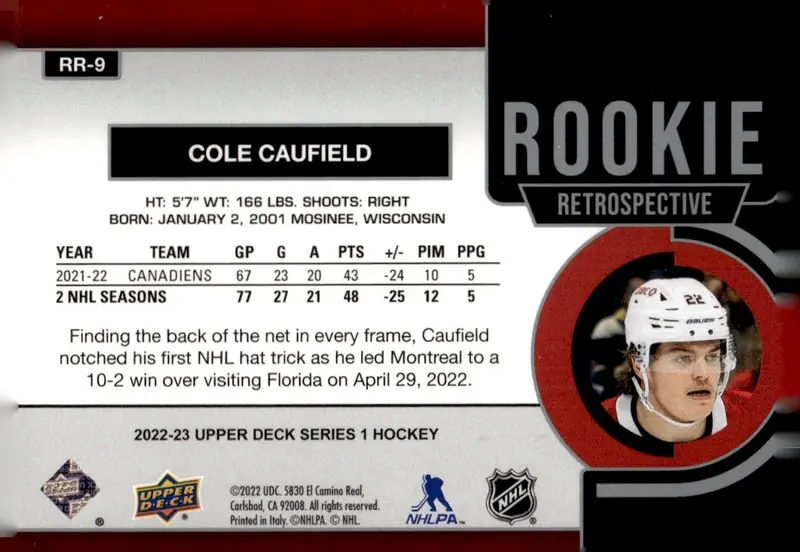 2022-23 Upper Deck Series 1 #RR-9 Cole Caufield (back)