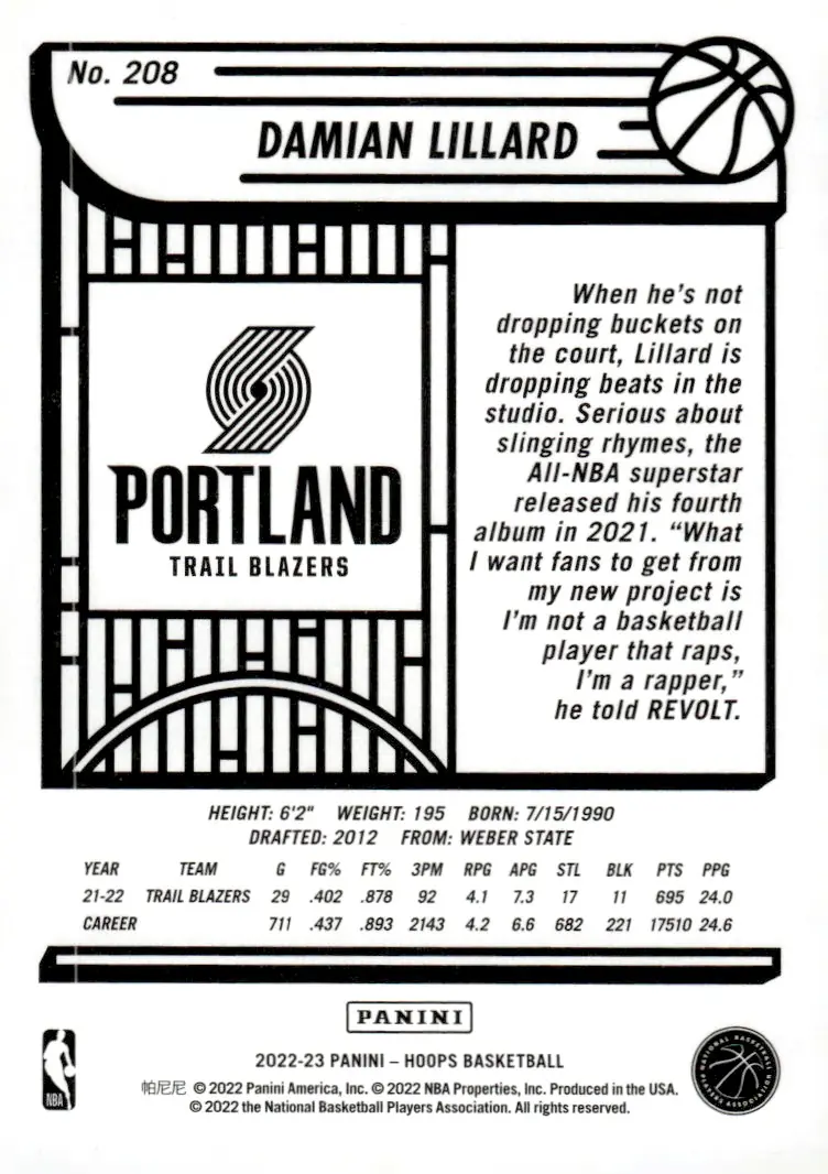 2022-23 NBA Hoops #208 Damian Lillard (back)