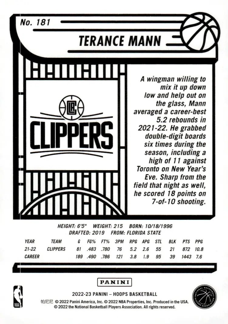 2022-23 NBA Hoops #181 Terance Mann (back)