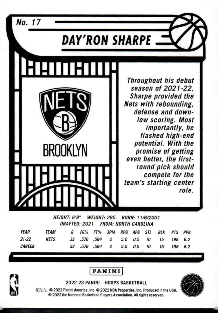 2022-23 NBA Hoops #17 Day'Ron Sharpe (back)
