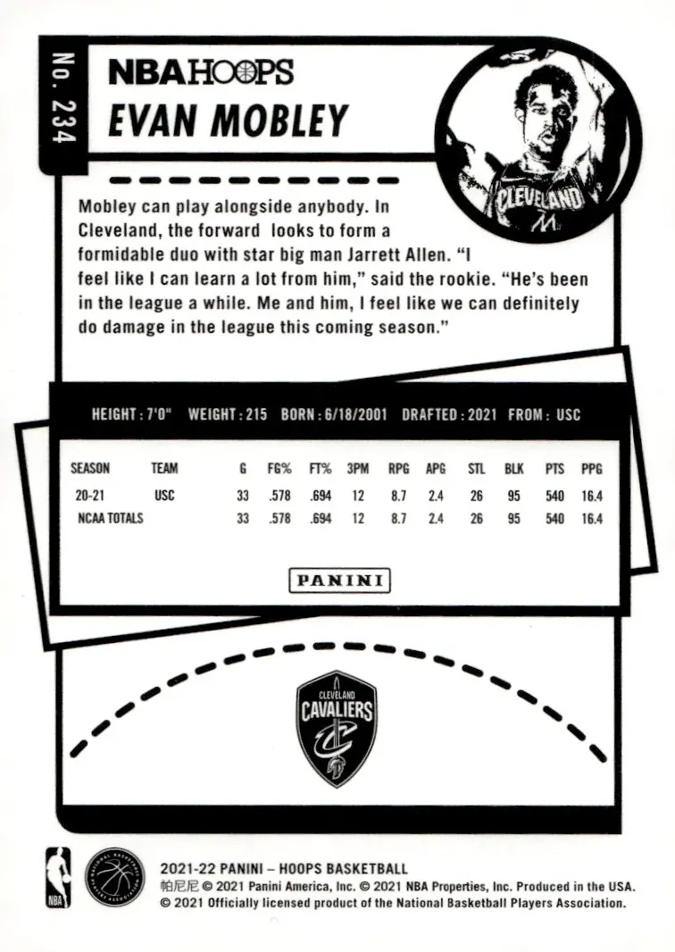 2021-22 NBA Hoops #234 Evan Mobley (back)