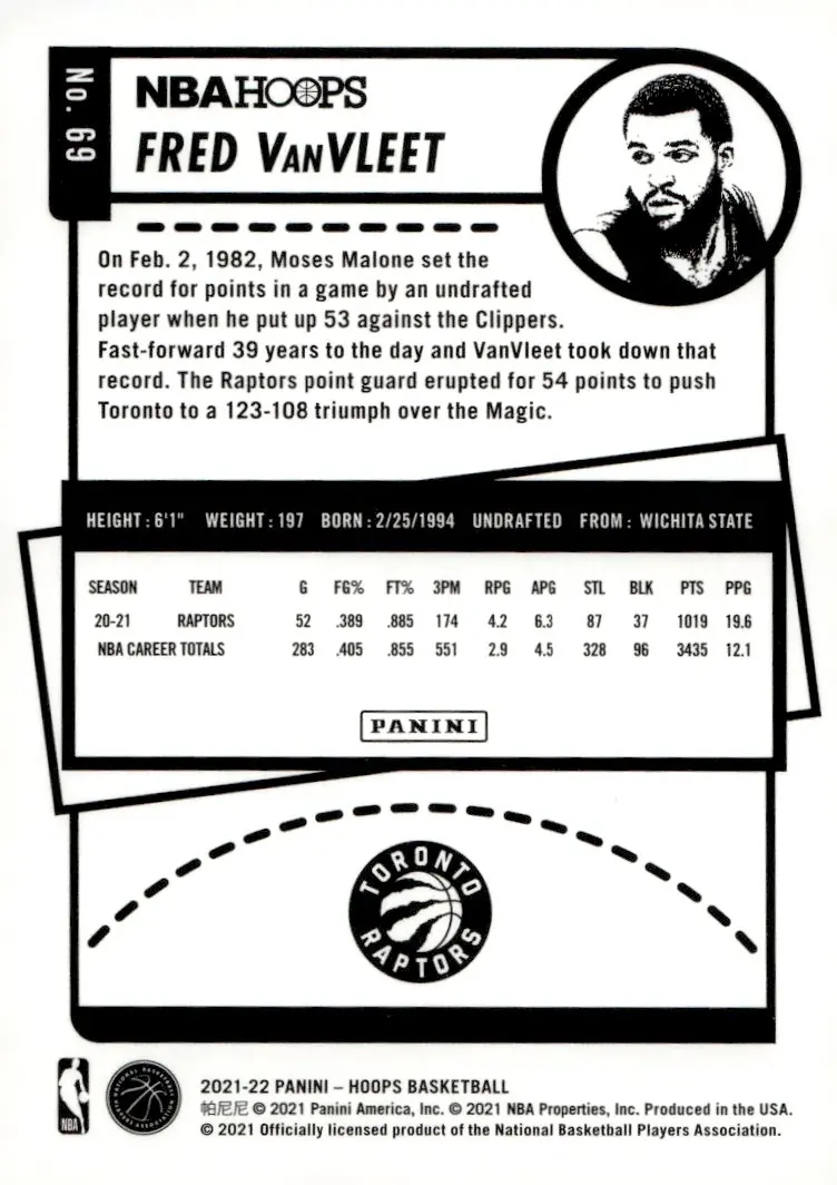 2021-22 NBA Hoops #69 Fred VanVleet – Purple (back)