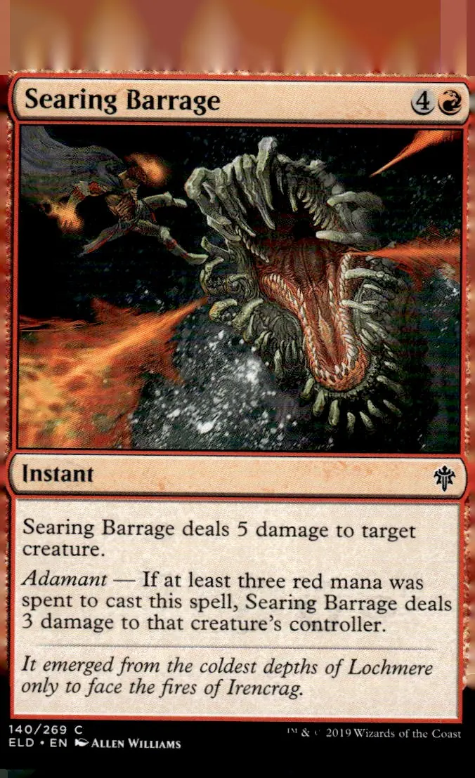 2019 Throne of Eldraine (ELD) #140/269 Searing Barrage (card name); art by Allen Williams (front)