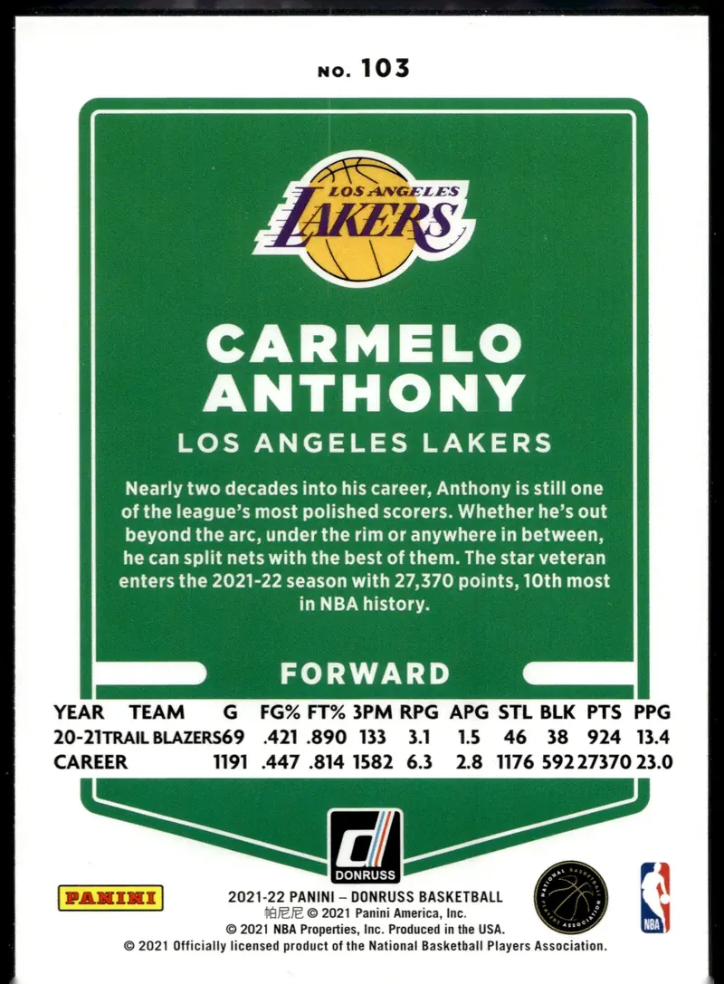 2021-22 Donruss #103 Carmelo Anthony (back)