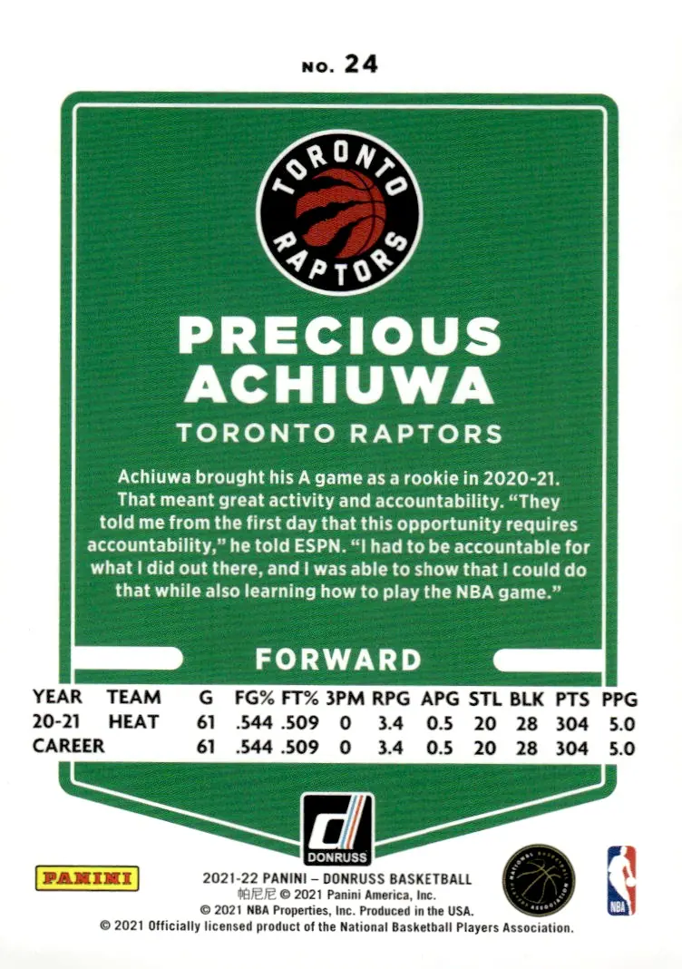 2021-22 Donruss #24 Precious Achiuwa (back)