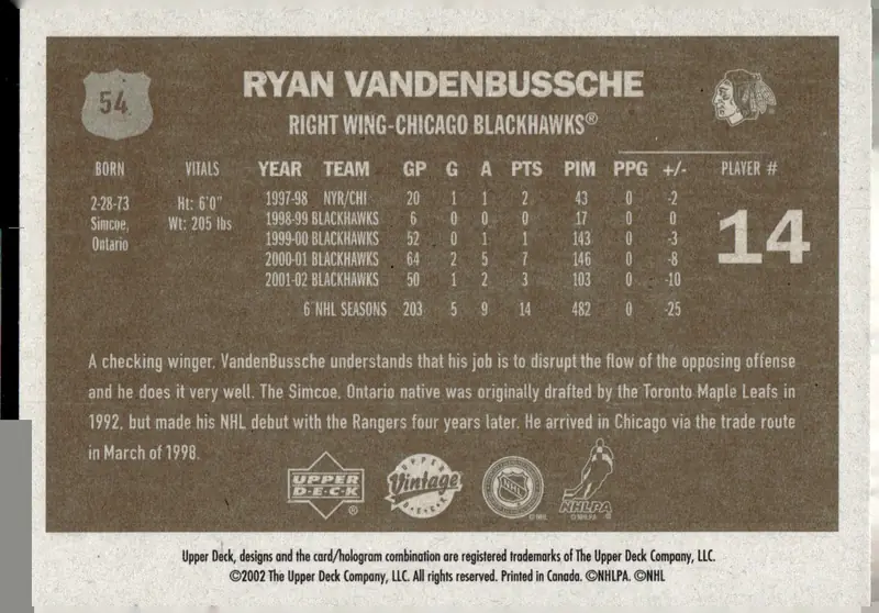 2002-03 Upper Deck Vintage #54 Ryan VandenBussche (back)