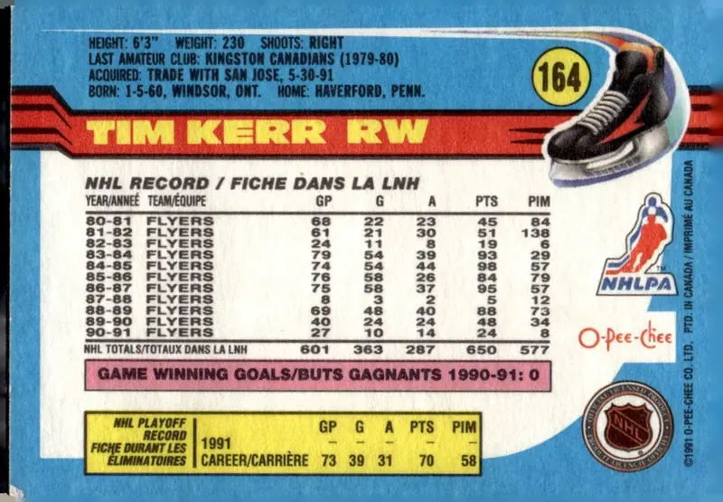 1991-92 O-Pee-Chee #164 Tim Kerr (back)