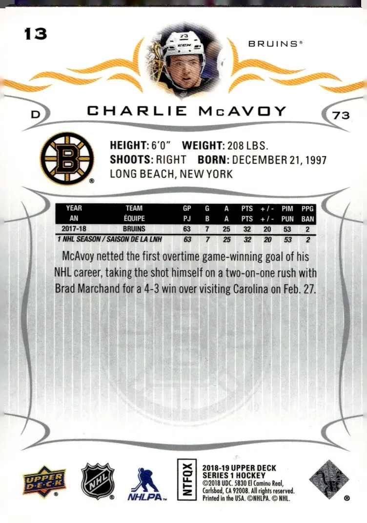 2018-19 Upper Deck Series 1 #13 Charlie McAvoy (back)