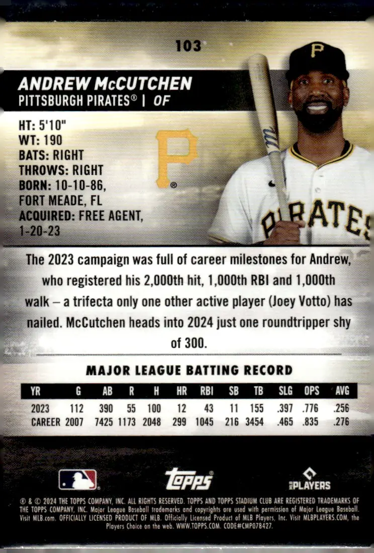 2024 Topps Stadium Club #103 Andrew McCutchen – Red Foil (back)