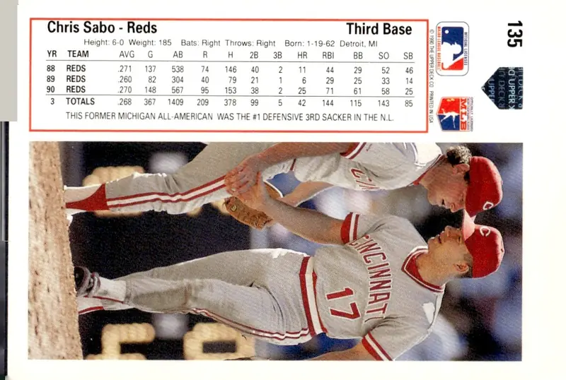 1991 Upper Deck #135 Chris Sabo (back)