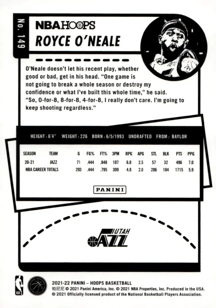 2021-22 NBA Hoops #149 Royce O'Neale (back)