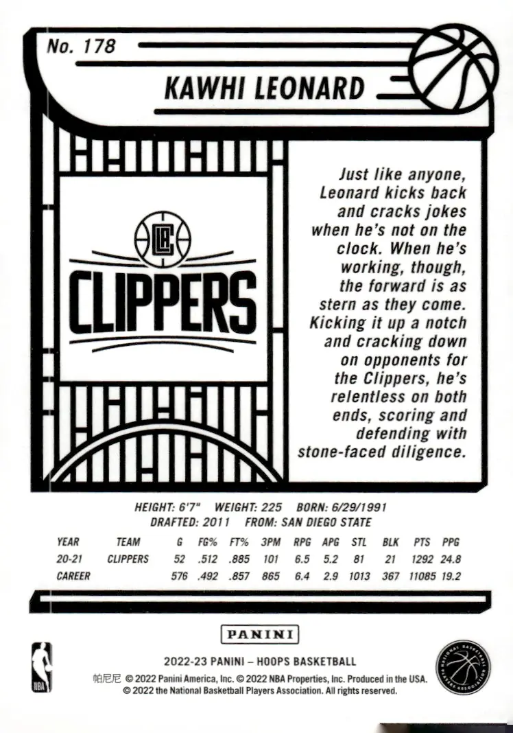 2022-23 NBA Hoops #178 Kawhi Leonard (back)