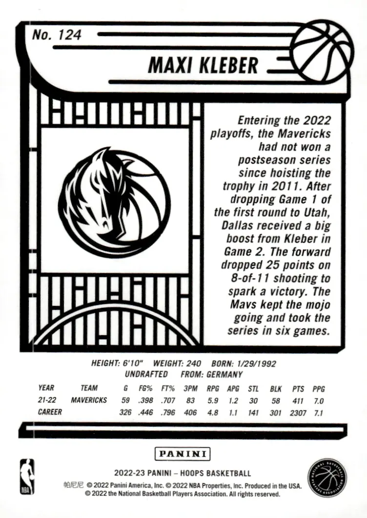 2022-23 NBA Hoops #124 Maxi Kleber (back)