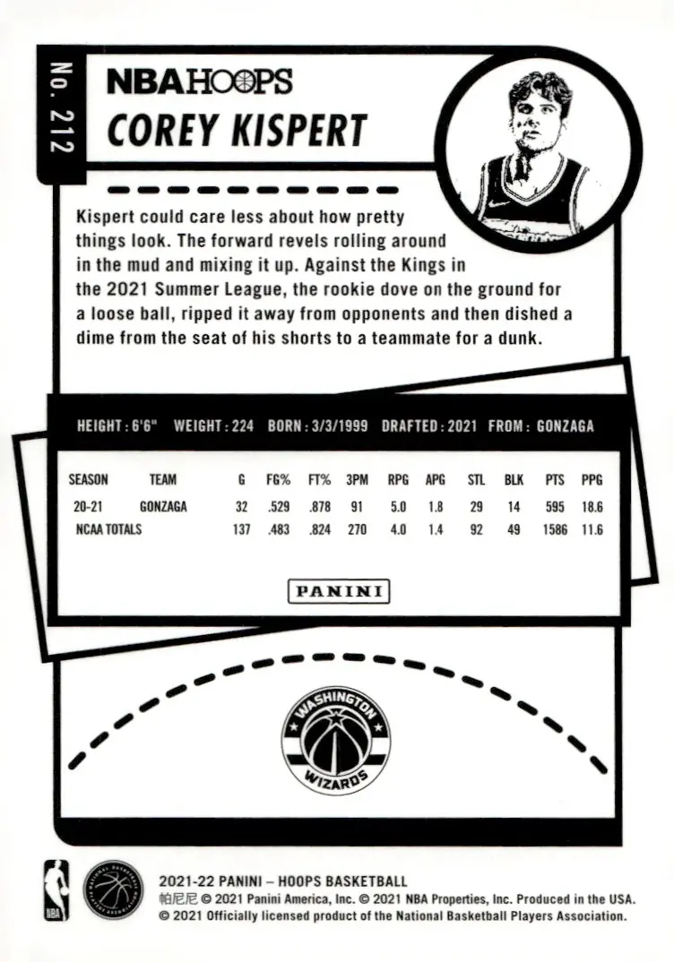 2021-22 NBA Hoops #212 Corey Kispert (back)