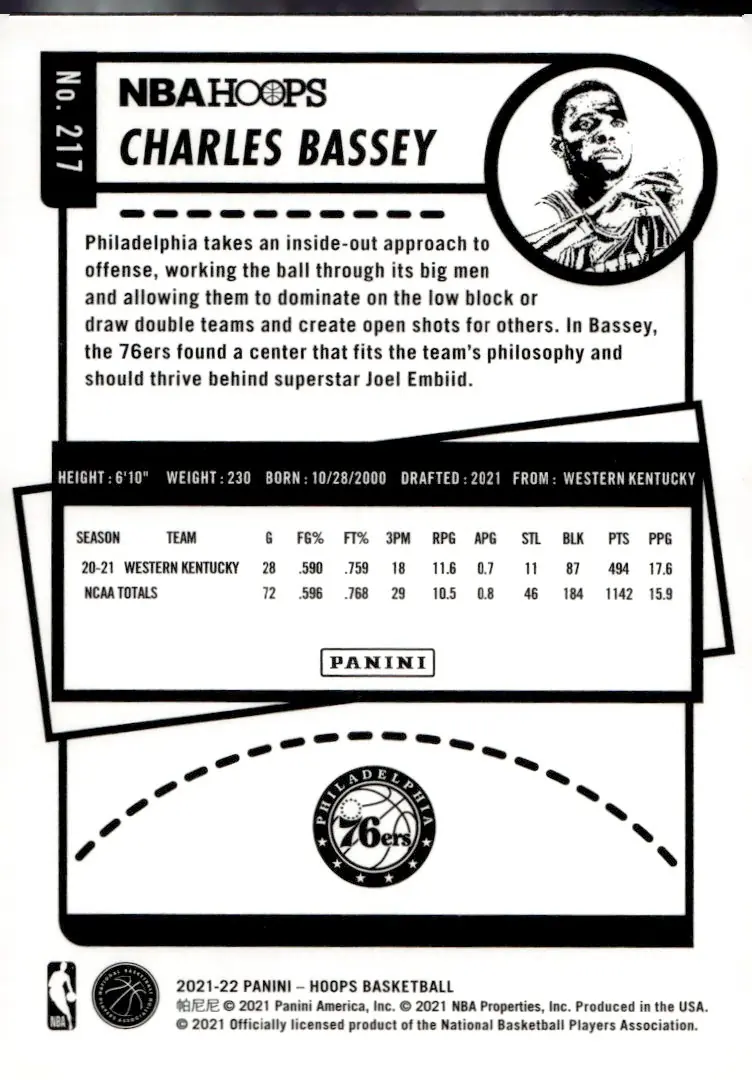 2021-22 NBA Hoops #217 Charles Bassey (back)