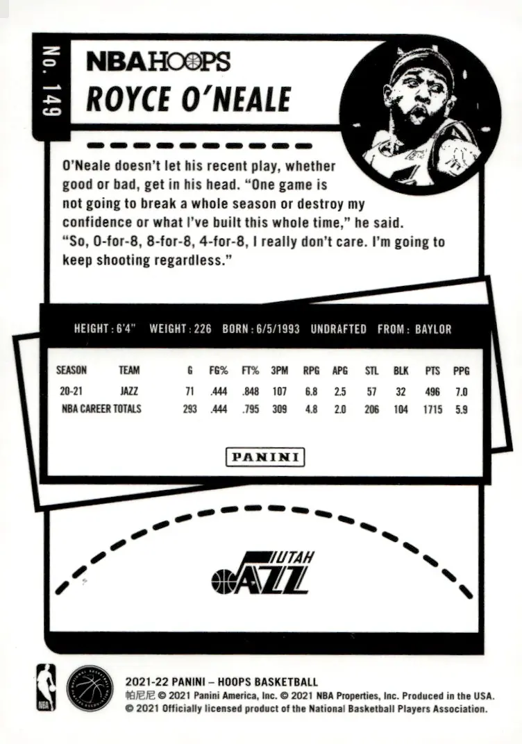 2021-22 NBA Hoops #149 Royce O'Neale – Purple (back)