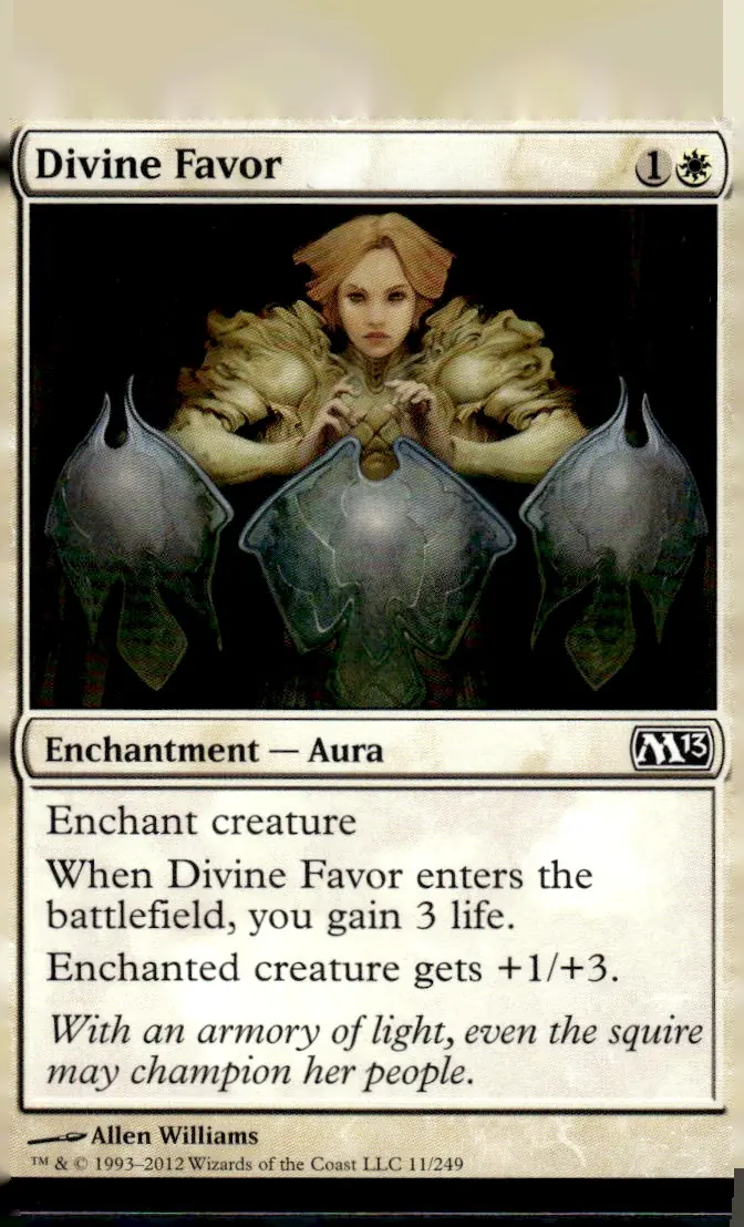2012 Magic 2013 (M13) Core Set #11/249 Divine Favor (Enchantment — Aura); art by Allen Williams (front)