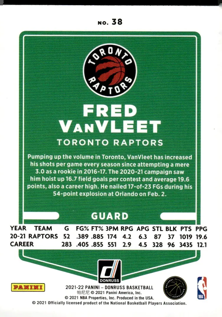 2021-22 Donruss #38 Fred VanVleet (back)