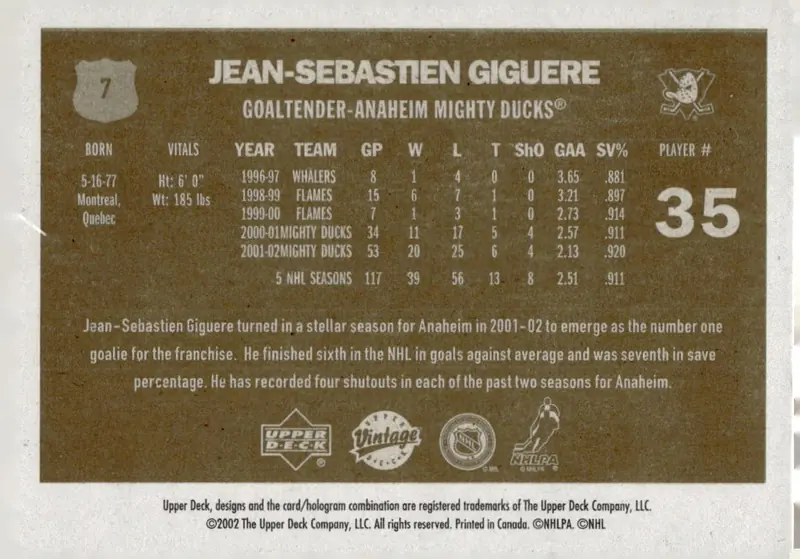 2002-03 Upper Deck Vintage #7 Jean-Sebastien Giguere (back)
