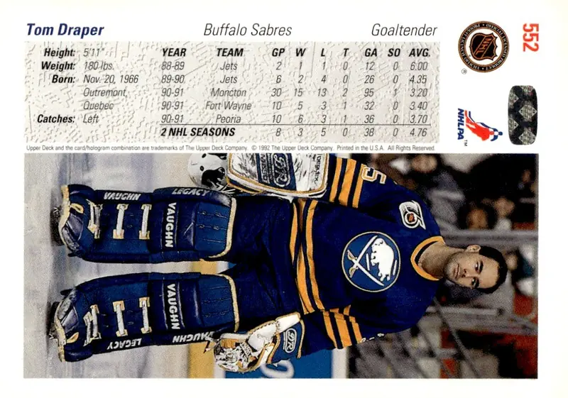 1991-92 Upper Deck #552 Tom Draper (back)