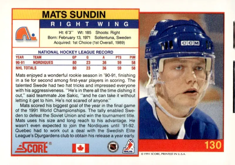 1991-92 Score American #130 Mats Sundin (back)